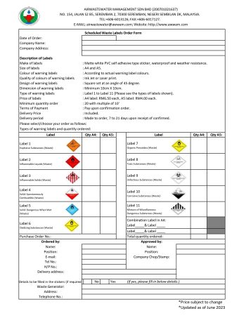 Scheduled Waste Labels - (THE ENVIRONMENTAL SPECIALIST WITH MS ISO 9001 ...